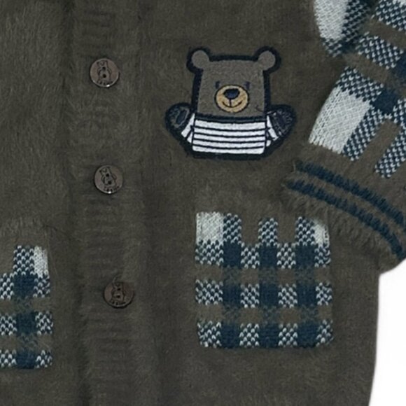 Love Bird Fuzzy Knit Kids Cardigan Brown Plaid Teddy Bear Patch Soft Angora Feel - Picture 4 of 6